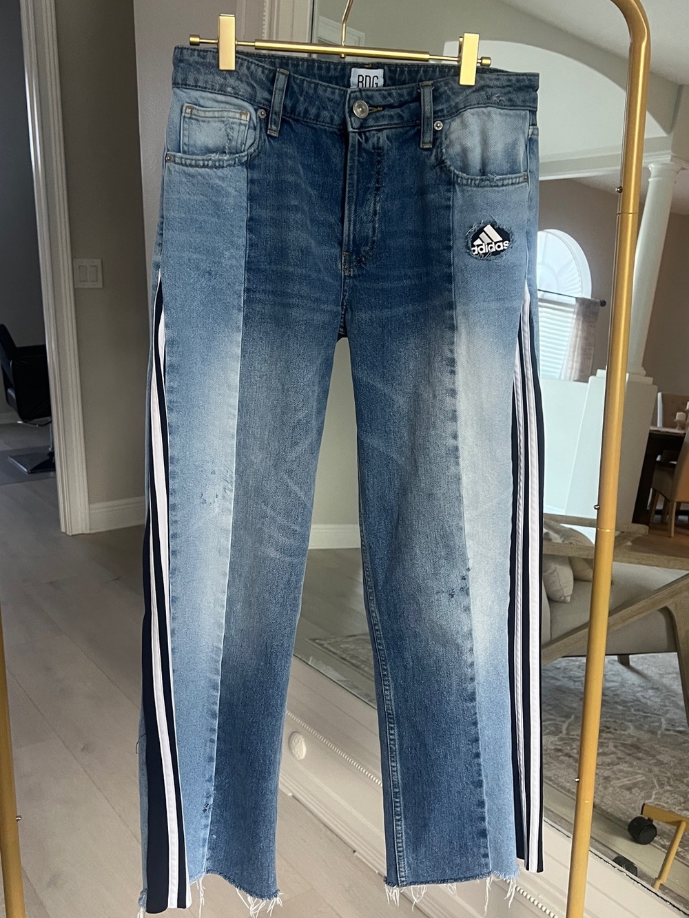 Two-Tone Blue Denim Jeans with Side Stripe deconstructed jeans 28” waist 28” L